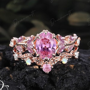 Vintage Oval Cut Pink Sapphire Engagement Ring Sets Nature Inspired Cluster Promise Ring Rose Gold Art Deco Leaf  Pink Gemstone Branch Ring