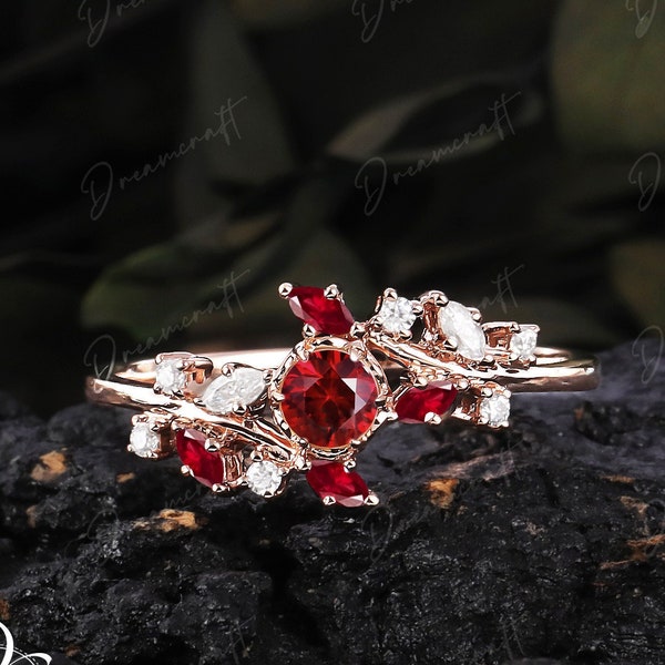 bague de fiançailles rubis vintage feuille d’or rose branches inspirées de la nature brindille marquise pierre précieuse rouge promesse bague femmes cadeau d’anniversaire