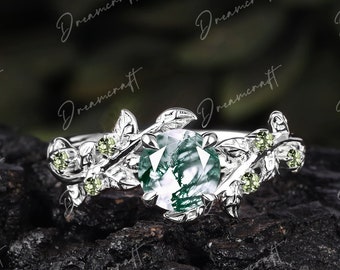 Art Deco Leaf White Gold  Moss Agate Engagement Ring  Nature Inspired Cluster Promise Ring Green Gemstone Branch Bridal Ring Jewelry