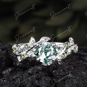 Art Deco Leaf White Gold Moss Agate Engagement Ring Nature Inspired Cluster Promise Ring Green Gemstone Branch Bridal Ring Jewelry image 10