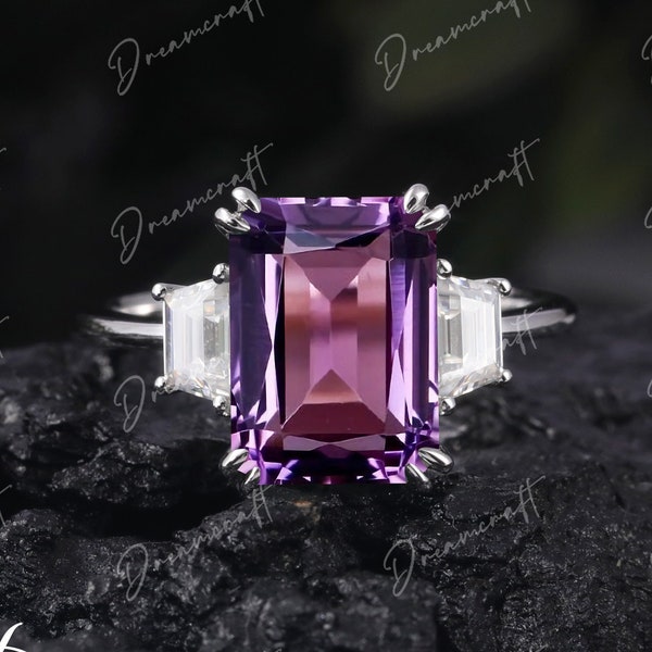 Amethyst engagement ring  Emerald cut vintage unique white gold engagement ring Wedding Bridal ring anniversary ring gift women Promise Ring