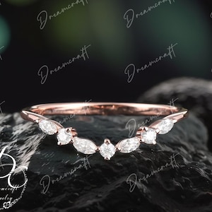 Vintage Marquise Cut Diamant Ehering Roségold gebogener Moissanite Ehering Unikat Jahrestag Band Stacking Band Unikat Ring