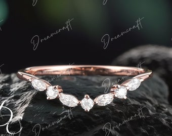 Vintage Marquise Cut Diamond wedding band rose gold  curved wedding band  moissanite matching band Stacking Band Unique Anniversary ring