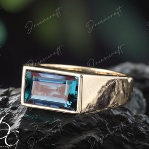 Solid 14K Yellow Gold Men Band Wedding Band Minimalist  Alexandrite Ring Real Gemstone Bezel Wedding Anniversary Band Promise Ring For Him