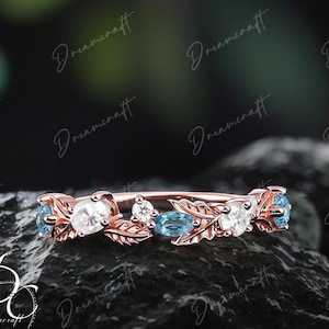 Leaf London Blue Topaz Moissanite wedding ring rose gold wedding band half eternity marquise topaz matching stacking band Anniversary gifts
