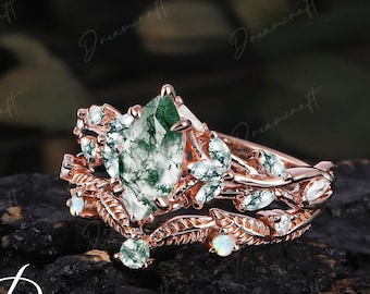 Vintage Marquise Cut Moss Agate Engagement Ring Sets Nature Inspired Cluster Promise Ring  Rose Gold Art Deco Leaf Green Gemstone Branch