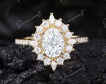 Vintage Moissanite Engagement Ring 1.5ct Oval Cut Moissanite Halo Ring 14K Rose Gold Ring Wedding Ring Art Deco Ring Anniversary Ring