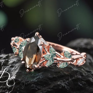 Vintage Marquise Cut Smoky quartz Engagement Ring Nature Inspired Cluster Promise Ring Rose Gold Art Deco Leaf Brown Gem Branch Ring