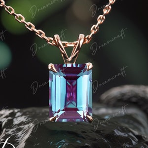 8x11mm emerald cut Alexandrite necklace solid 14k rose gold unique solitaire Pendant women Personalized Gemstone Necklace Gift anniversary