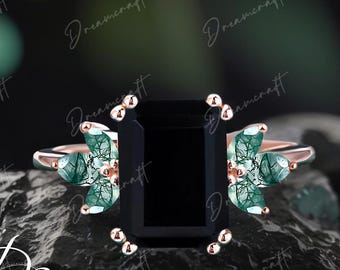 Black Onyx Engagement Ring Emerald Cut 14K Rose Gold Engagement Ring Gemstone Cluster Ring Moss Agate Bridal Ring Promise Ring For Her