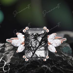 Black Rutilated Quartz engagement ring 4ct Emerald cut vintage Diamond Cluster ring rose gold Moissanite ring women Bridal Promise ring