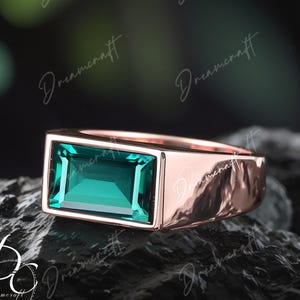 Solid 14K /18K  Gold Men Band Wedding Band Minimalist Ring Emerald Ring Real May Birthstone Wedding Anniversary Band Promise Ring For Him