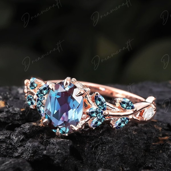 Vintage Oval Cut  Alexandrite Engagement Ring Unique Rose Gold Branch Promise Ring For Her Leaf June Brithstone Nature Inspired Ring Women