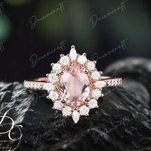 Vintage Morganite Engagement Ring Oval Cut Moissanite / Diamond Unique Ring  Rose Gold Ring Wedding Ring Bridal Ring Anniversary Ring