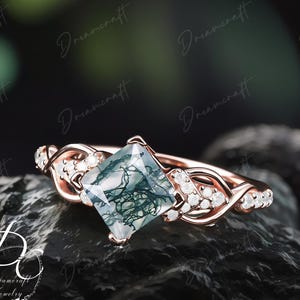 Vintage Princess Cut Moss Agate Engagement Ring Engagement Ring Rose Gold Promise Ring Moissanite Wedding Bridal Ring Anniversary Ring