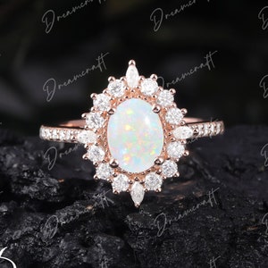 Vintage Natural Opal Engagement Ring Oval Cut Moissanite / Diamond Unique Ring  Rose Gold Ring Wedding Ring Bridal Ring Anniversary Ring