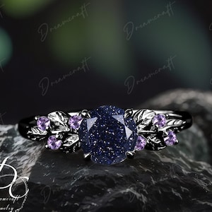 Gothic Black Gold Blue Sandstone Engagement Ring Nature Inspired Cluster Promise Ring Art Deco Leaf Gemstone Branch Bridal Ring Jewelry Gift