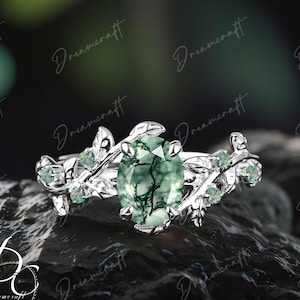 Art Deco Leaf White Gold Oval Moss Agate Engagement Ring Nature Inspired Cluster Promise Ring Green Gem Bridal Ring Jewelry Gitf For Her