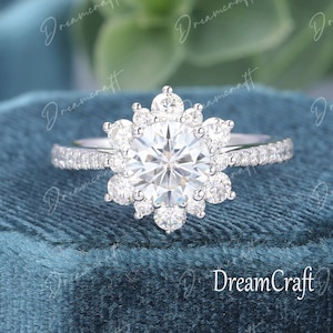 Snowflake Moissanite Engagement Ring Round Cut Moissanite Halo Ring  White Gold Ring Art Deco Ring Wedding Bridal Ring Women Anniversary