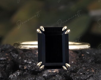 Emerald Cut Black Onyx Engagement Ring 4ct Solid 14K Gold Promise Ring Solitaire Ring Double Prongs Statement Ring Gemstone Ring  Women