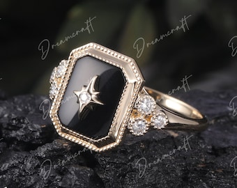 Black Onyx engagement ring 4ct Emerald cut  Unique vintage  14k yellow gold engagement ring for women Vintage Bridal ring anniversary gifts