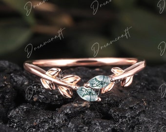 Rosegold Bandring Blatt Moosachat Trauring Unikat Ehering Marquise Art Deco Trauring Vintage Frauenring