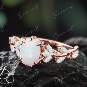 Vintage Oval Cut Natural Opal Engagement Ring  Nature Inspired Cluster Promise Ring Rose Gold Art Deco Leaf Gem Women Gift Anniversary