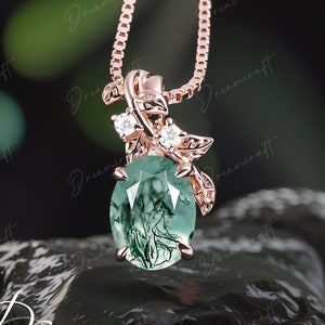 Oval cut green moss agate necklace 14k rose gold unique Jewelry Pendant women Leaf Nature Inspired Personalized Necklace Gift anniversary