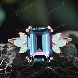 Alexandrite Engagement Ring 4ct Emerald Cut 14K Rose Gold Engagement Ring Cluster Ring Opal Bridal Ring Promise Ring Anniversary Gift