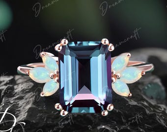 Alexandrite Engagement Ring 4ct Emerald Cut 14K Rose Gold Engagement Ring Cluster Ring Opal Bridal Ring Promise Ring Anniversary Gift