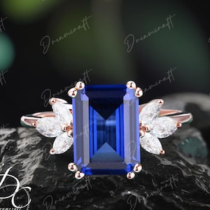 Lab Sapphire Engagement Ring 4ct Emerald Cut Vintage Rose Gold Engagement Ring Cluster Ring Moissanite Bridal Ring Promise Ring Anniversary