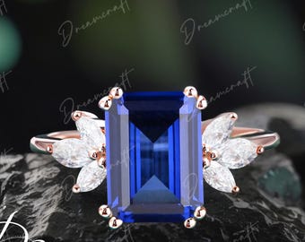 Lab Sapphire Engagement Ring 4ct Emerald Cut Vintage Rose Gold Engagement Ring Cluster Ring Moissanite Bridal Ring Promise Ring Anniversary