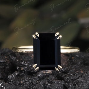 Emerald Cut Black Onyx Engagement Ring 4ct Solid 14K Gold Promise Ring Solitaire Ring Double Prongs Statement Ring Gemstone Ring  Women