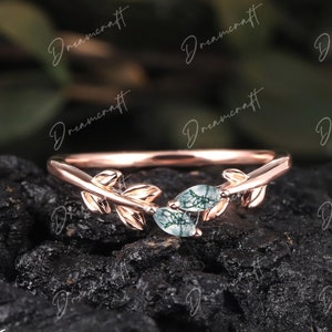 Unique Rose Gold wedding band leaf moss agate wedding band Art deco marquise stacking band  Wedding ring Vintage matching band ring Women