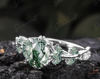 Vintage Moss Agate Engagement Ring Unique Promise Ring For Her White Gold Art Deco Leaf Branch  Oval Cut Branch Nature Inspired Cluster Ring