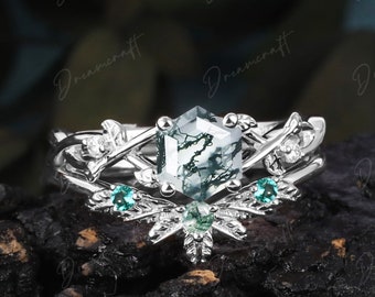 Zestaw pierścionków zaręczynowych z agatu mchu, pierścionek z białego złota w szlifie sześciokątnym, pierścionek z liści gałązki, pierścionek ślubny w stylu art déco inspirowany naturą