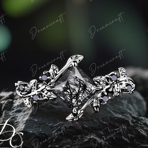 Gothic Princess Cut black rutilated quartz Engagement Ring Art Deco Leaf Black Gold Twig Cluster Promise Ring  Bridal Ring  Gift For Her