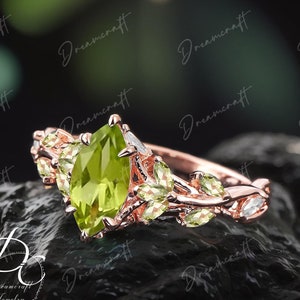 Vintage Peridot Engagement Ring Nature Inspired Cluster Promise Ring Rose Gold Art Deco Leaf  Gemstone Branch Ring Women Gift Anniversary
