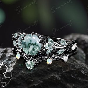 Gothic Black Gold Round Cut Moss Aagate Engagement Ring Sets Nature Inspired Cluster Promise Ring  Art Deco Leaf Gemstone  Bridal Sets