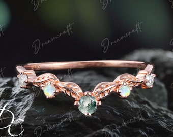 Vintage Natural Moss agate wedding band rose gold Leaf curved wedding band moissanite matching band Stacking Band Unique Anniversary ring