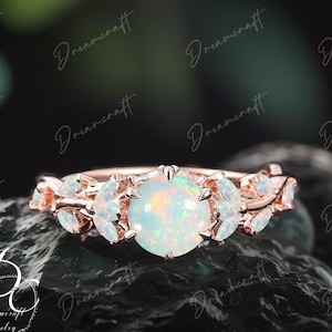 Vintage Natürlicher Opal Verlobungsring Natur Inspiriert Cluster Versprechen Ring Rosegold Art Deco Blatt weißer Opal Zweig Frauen Jahrestagsgeschenk