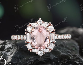 Vintage morganite engagement ring oval cut wedding ring rose gold unique diamond / moissanite anniversary ring bridal ring for women