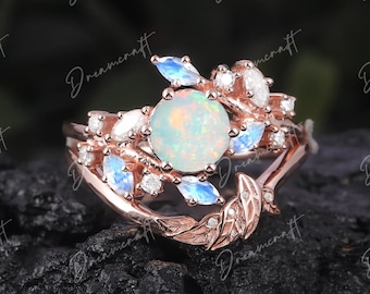 Vintage Round Cut Opal engagement ring set rose gold leaf Nature inspired branches Twig marquise moonstone wedding  women anniversary ring