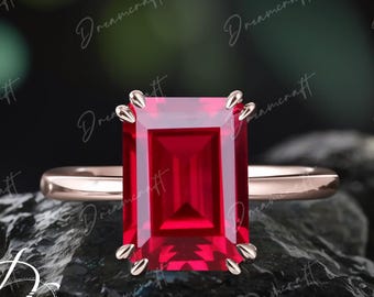 Emerald Cut Ruby Engagement Ring 4ct Solid 14K Gold Promise Ring Solitaire Ring Red Gemstone Statement Ring July  Birthstone Ring  Women