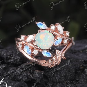 Vintage Round Cut Opal Verlobungsring Set Rose Gold Blatt Natur inspiriert Zweige Zweig Marquise Mondstein Hochzeit Frauen Jahrestag Ring