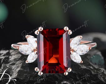 Garnet Engagement Ring 4ct Emerald Cut Vintage Rose Gold Engagement Cluster Ring Moissanite Bridal Ring Promise Ring Anniversary Gift