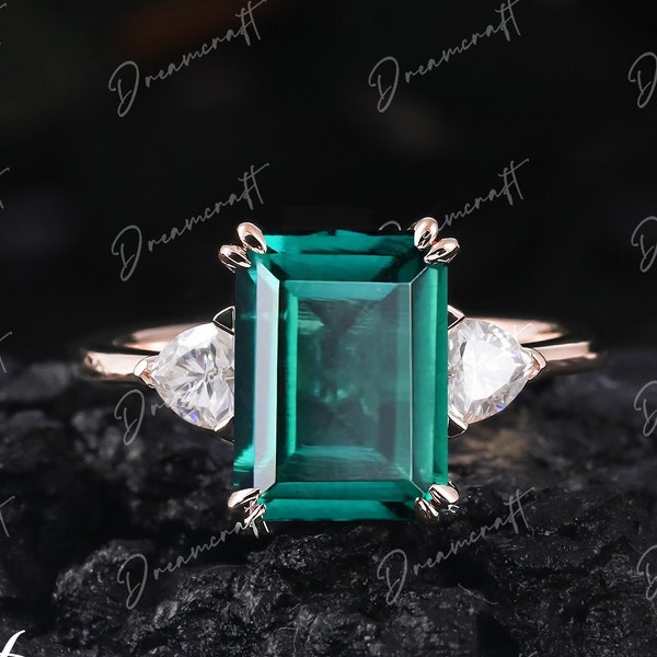 4CT Emerald Cut Emerald Engagement Ring Rose Gold May Birthstone Ring Green Gemstone Promise Ring Cluster Art Deco Ring Anniversary Gifts