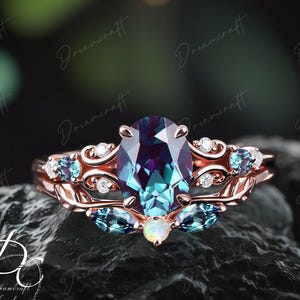 Art-Deco-Ring Rosegold Oval Alexandrit Verlobungsring Sets Cluster Versprechen Ring Edelstein Juni Birthstone Braut Set Schmuck Geschenk Frauen