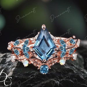 Vintage Kite Cut London Blue Topaz Engagement Ring Sets Nature Inspired Cluster Promise Ring Rose Gold Art Deco Leaf Blue Gem Branch Ring