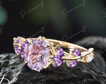 Vintage Oval Lavender Amethyst Engagement Ring Unique Cluster Promise Ring For Her  Gold Art Deco Leaf  Gemstone Branch Nature Inspired Ring